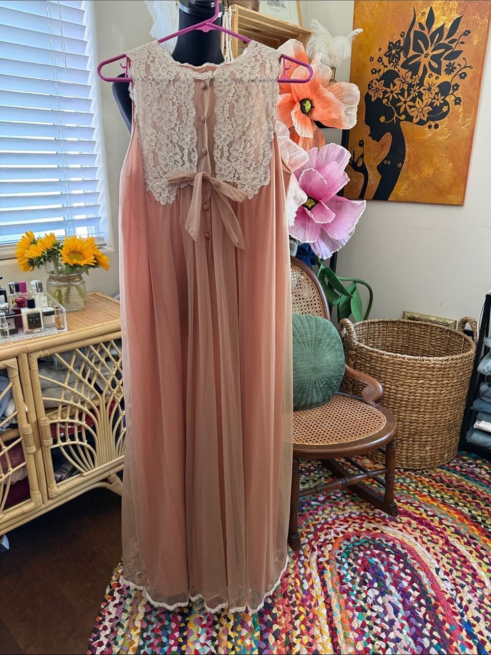 Vintage 60s/70s Goddard Artemis Taupe Lace Chiffon Wide Leg Boho Jumpsuit